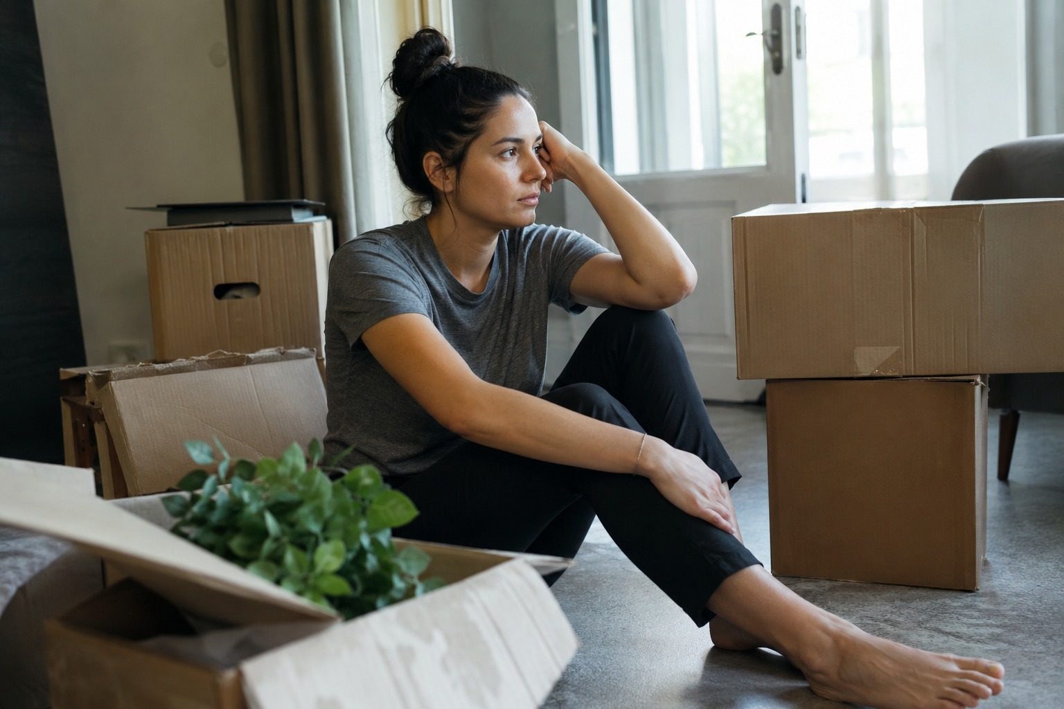Women sitting on the floor with boxes after moving in a new house and in thought during a major life transition