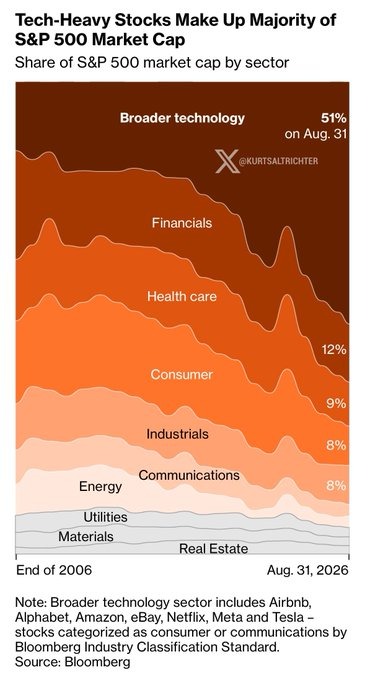 Share of S&P 500 market cap by sector, technology at 51%