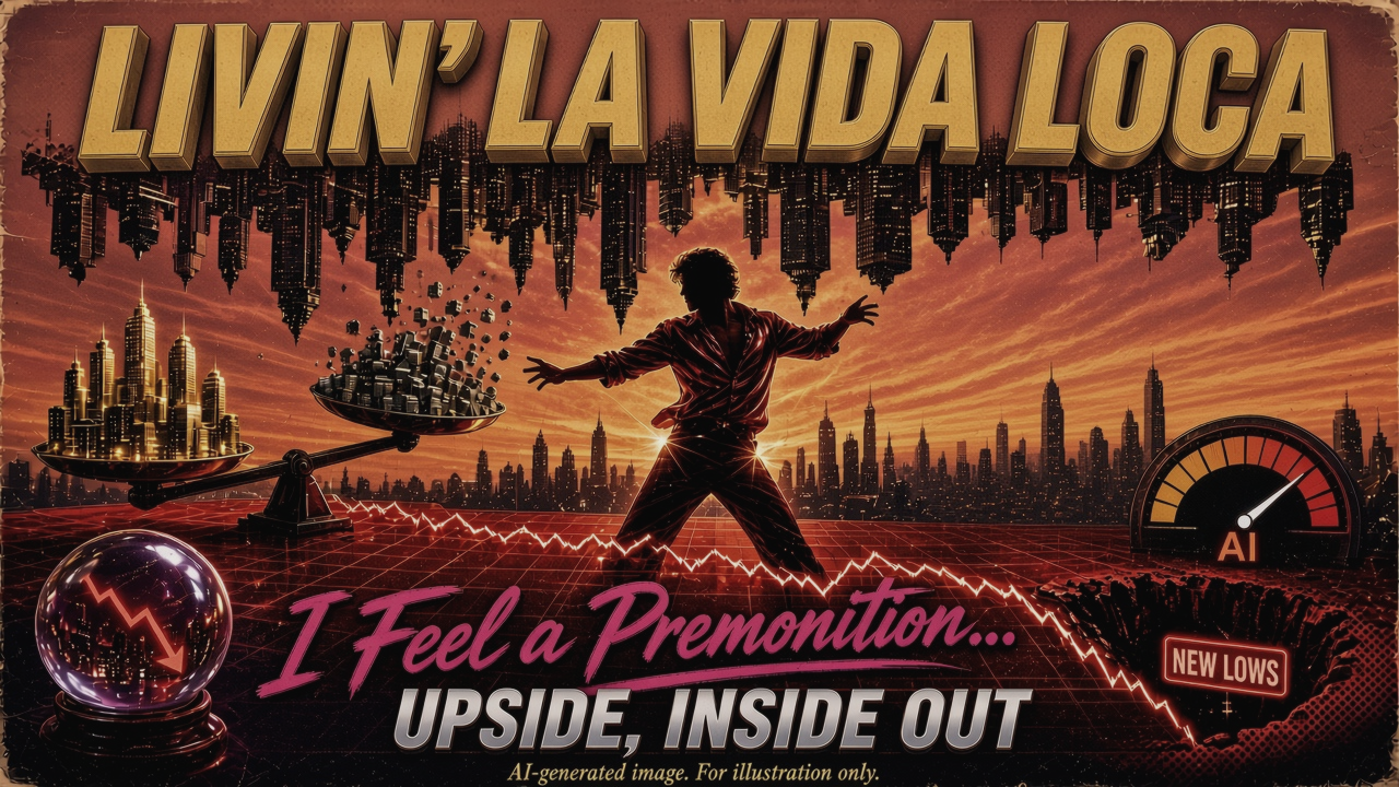 Livin' La Vida Loca illustrated poster with upside-down skyline, falling market line, and AI gauge