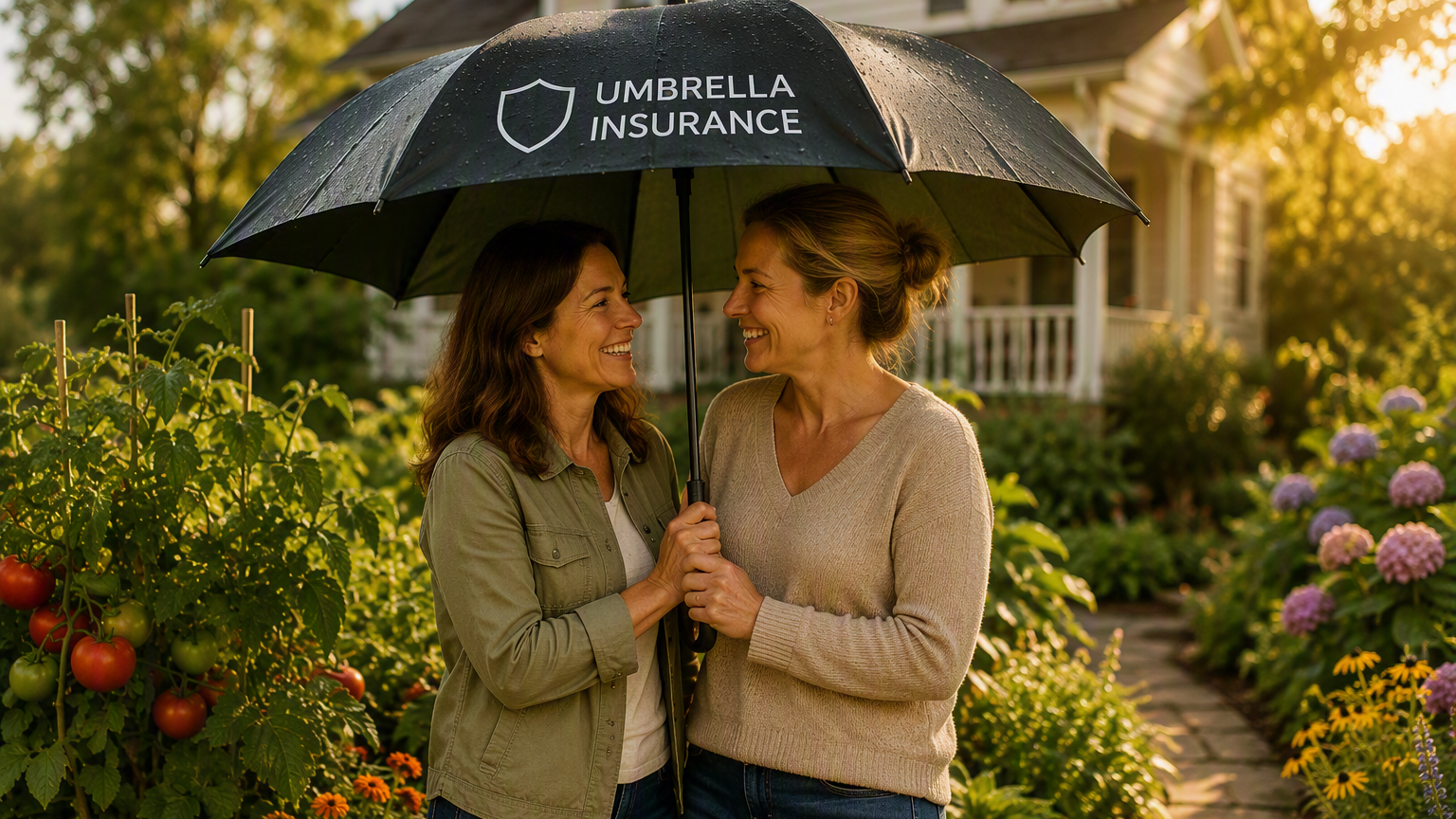 Photo image of two women holding an umbrella above them standing in front of a house and abundant garden