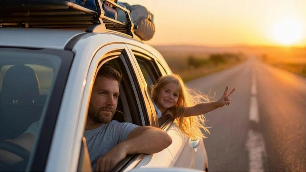 Photo of man driving away from the sunset with little girl giving a peace sign out the back window