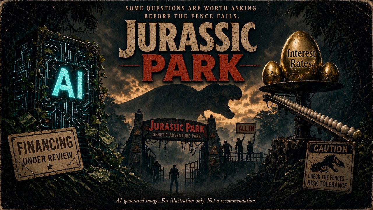 Jurassic Park themed poster with AI financing and risk-tolerance fence imagery