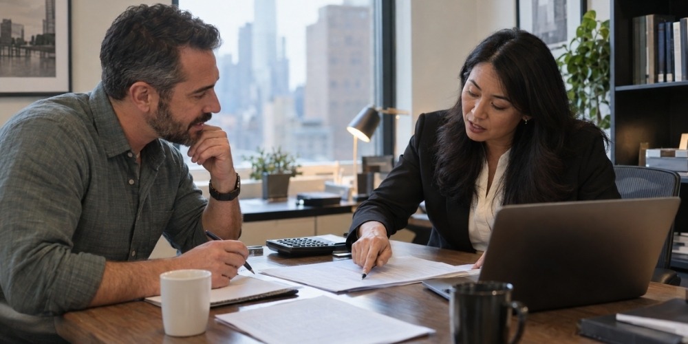 Professional setting showing a female consultant pointing at a document