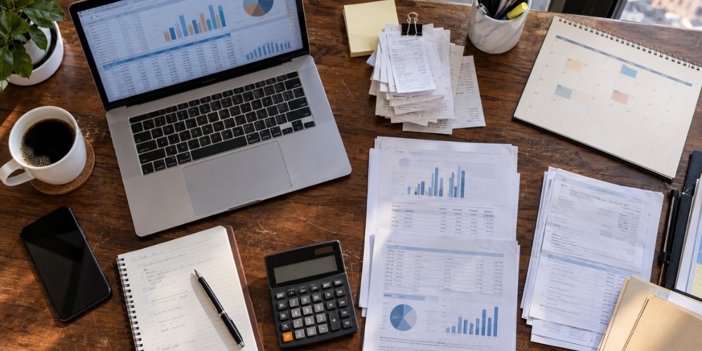 printed business documents scattered across the surface