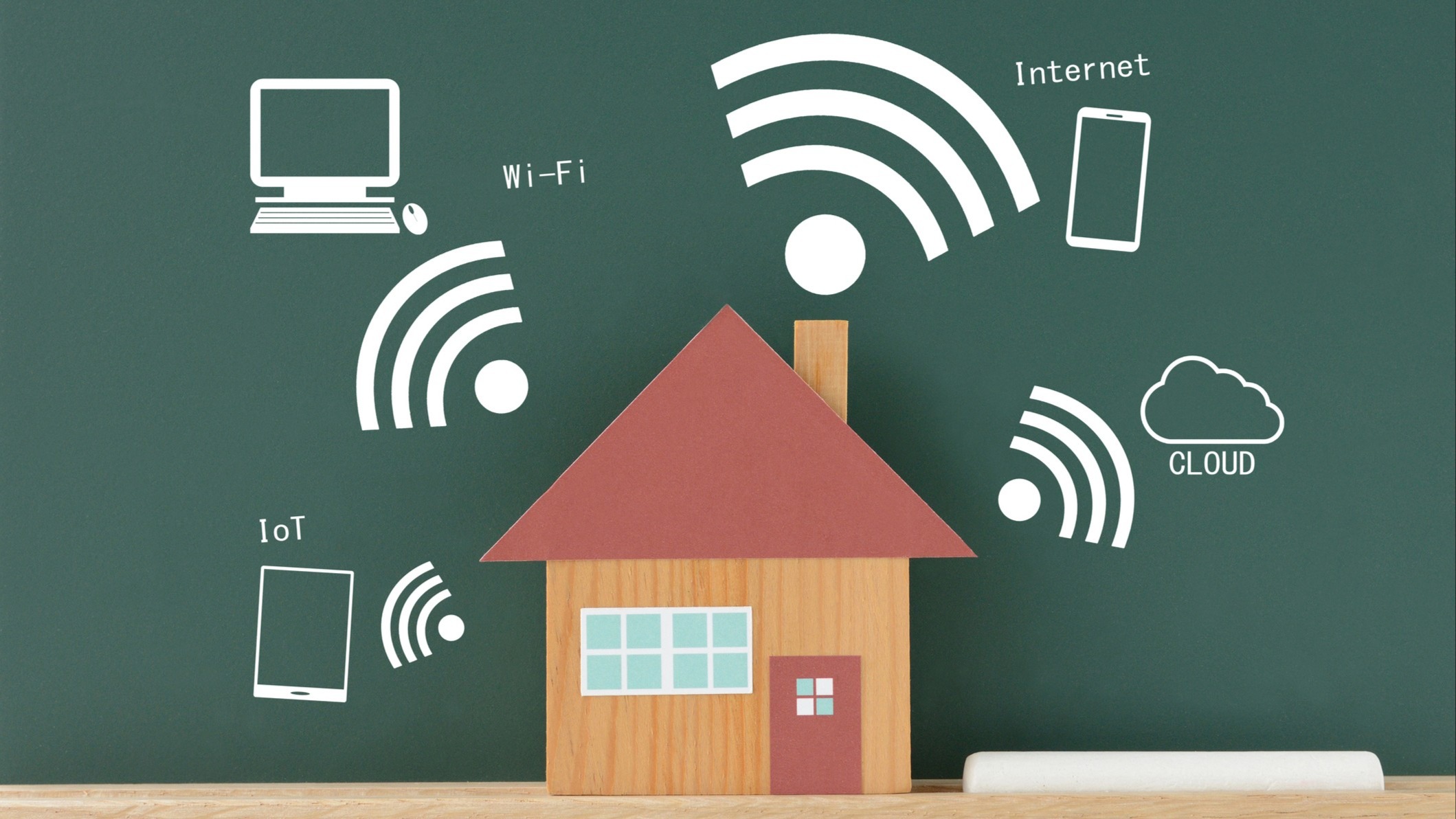 Image of house in front of a chalkboard which has various ways of internet connection drawn onto it