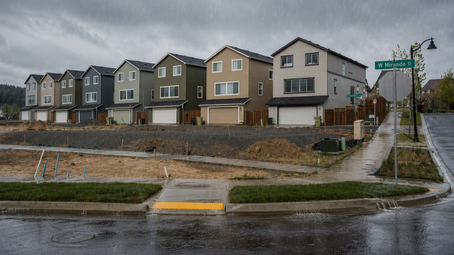 Photo image of new construction townhomes in the rain with water flowing towards the viewer