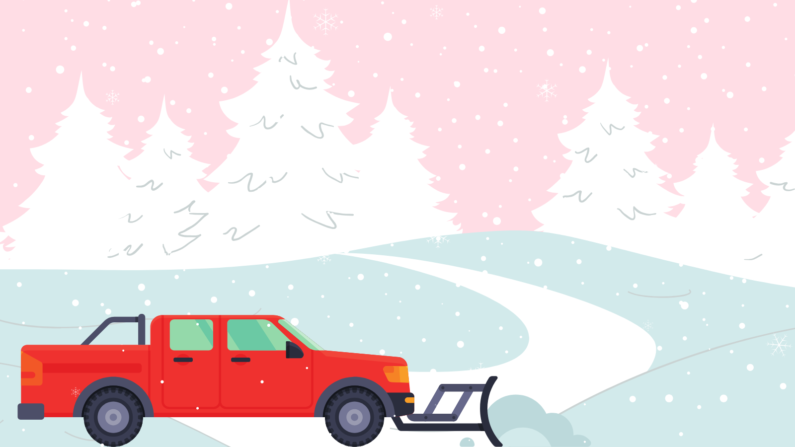 Illustration of a red truck snow plowing with a winter scene behind it.