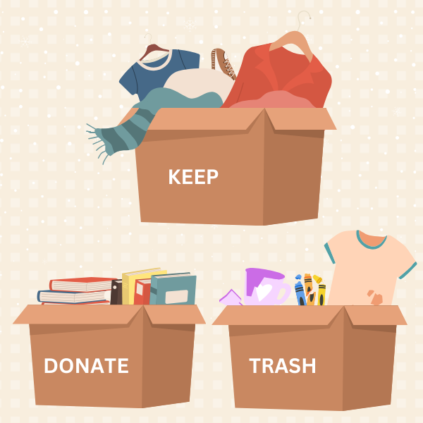 Illustration of 3 boxes of items, each box labeled with one word, keep, donate, trash.