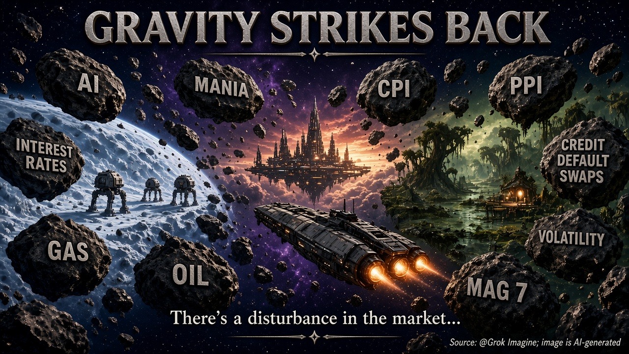 AI-generated Star Wars-style image: Gravity Strikes Back, asteroids labeled with market risks