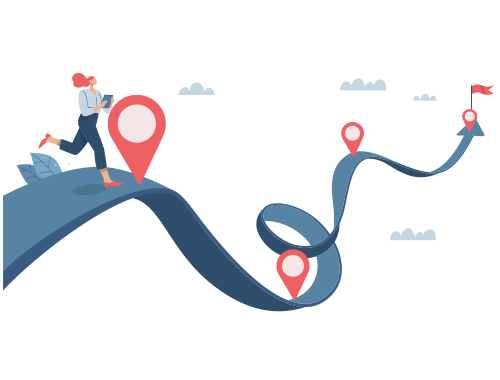 Accountability and turning goals into reality illustration of a woman running on a winding path with intermittent goals and a flag at the end
