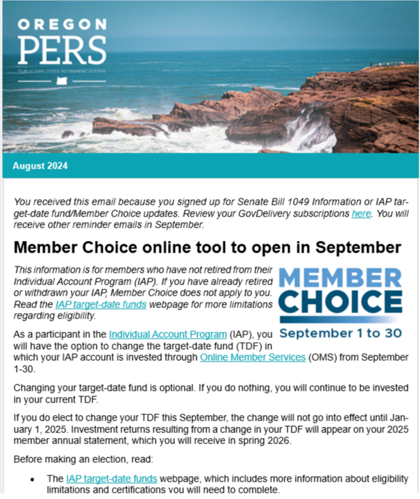 PERS News: IAP Member Choice Window Open in September