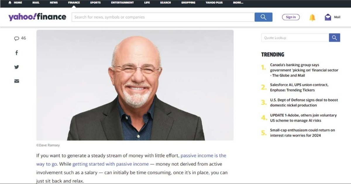 Yahoo Finance: Dave Ramsey’s Best Passive Income Ideas for 2023