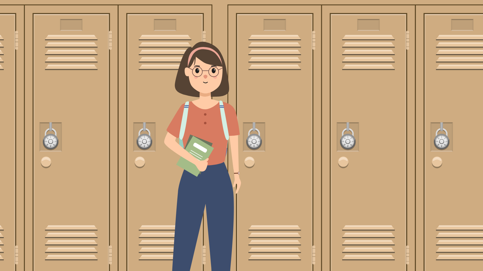 Illustration of teen in front of school lockers