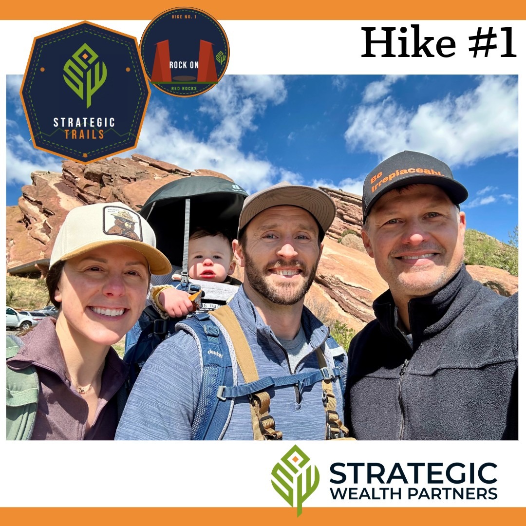 Strategic Trails Hike Number One card showing three adults and a baby on the trail at Red Rocks