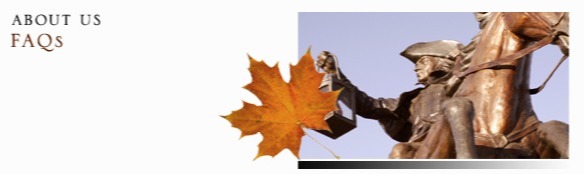 Autumn leaf next to photo of a statue. Text to the left reads: About Us FAQs
