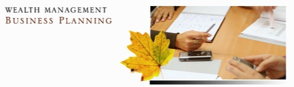Autumn leaf next to a photo of hands and papers on a table. Text to the left reads: Wealth Management Business Planning