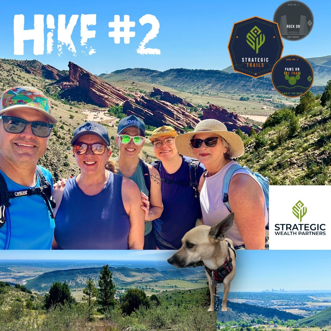 Strategic Trails Hike Number Two card showing five hikers and a dog above Red Rocks