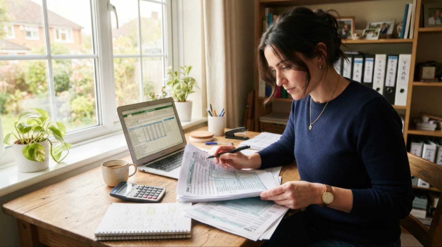 Bookkeeper reviewing financial records and spreadsheets while calculating figures at a desk.