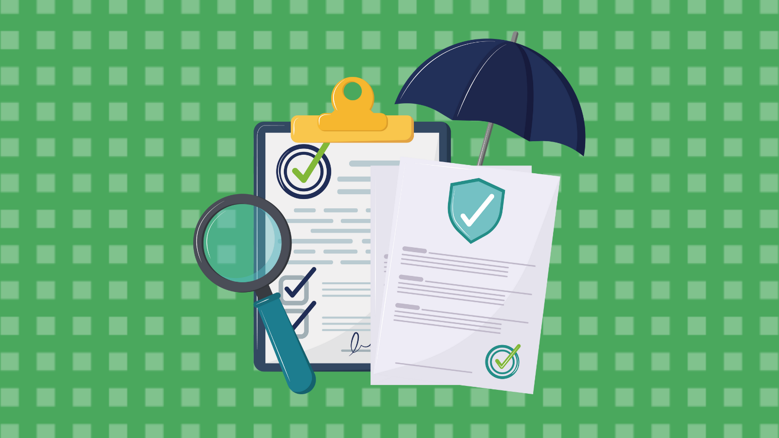 Illustration of insurance policy, magnifying glass, & an actual umbrella