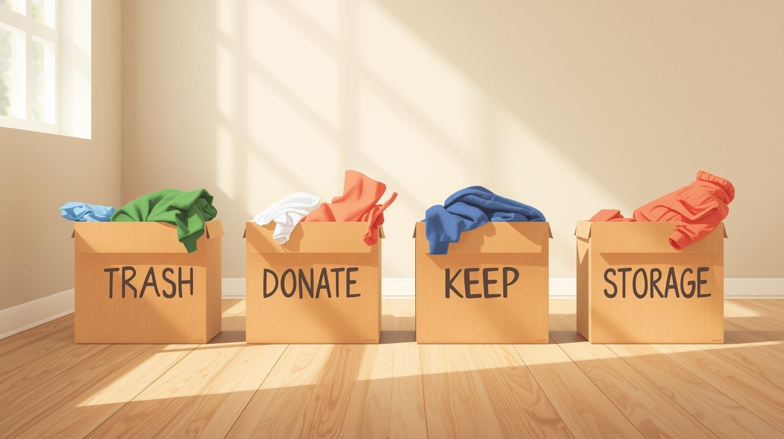 Four boxes: keep, trash, sell, storage