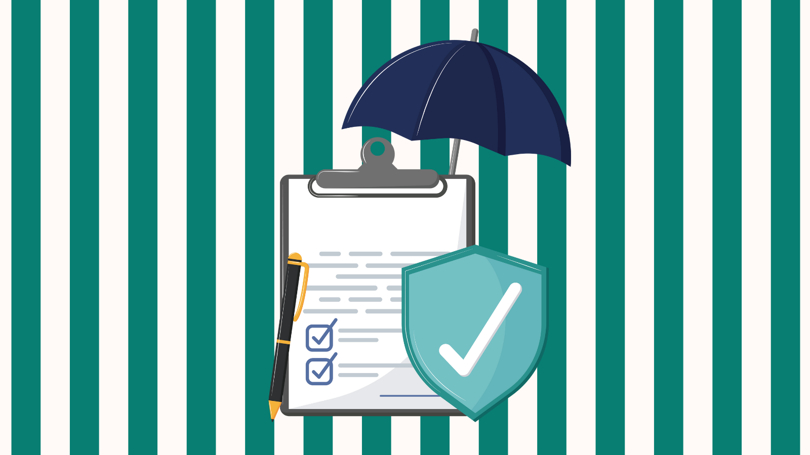 Illustration of an insurance policy, umbrella, and a check mark with a lined white and green background