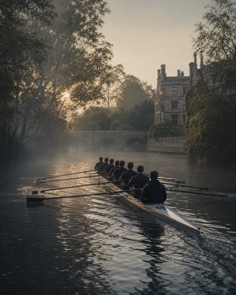 An adult collegiate rowing crew moving in unison on a misty river at dawn