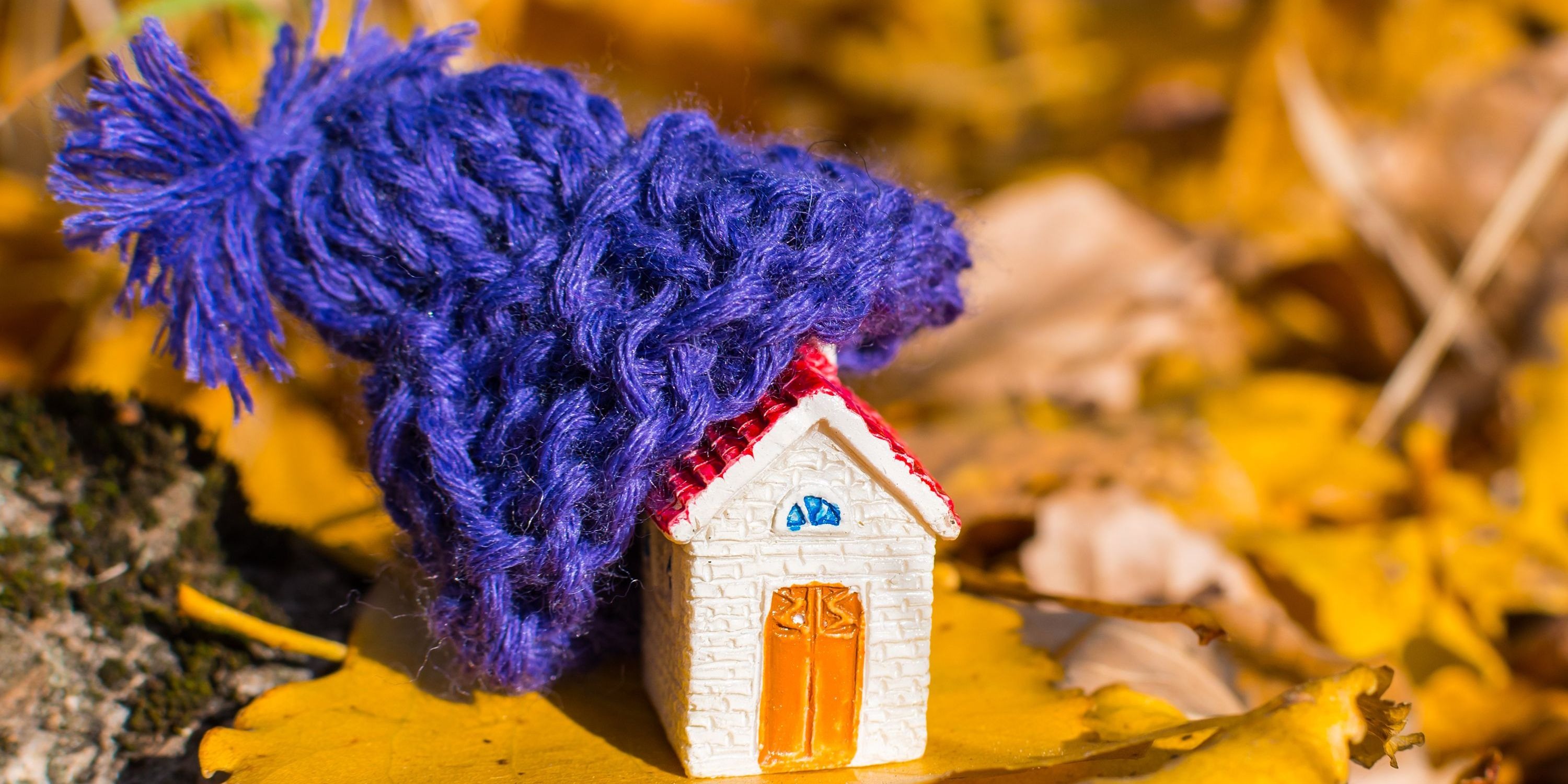 phota of a little toy house wearing a crocheted purple hat all nestled in autumn leaves