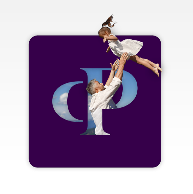 A father throws catches his daughter after throwing her in the air. The background is the Prospera logo.