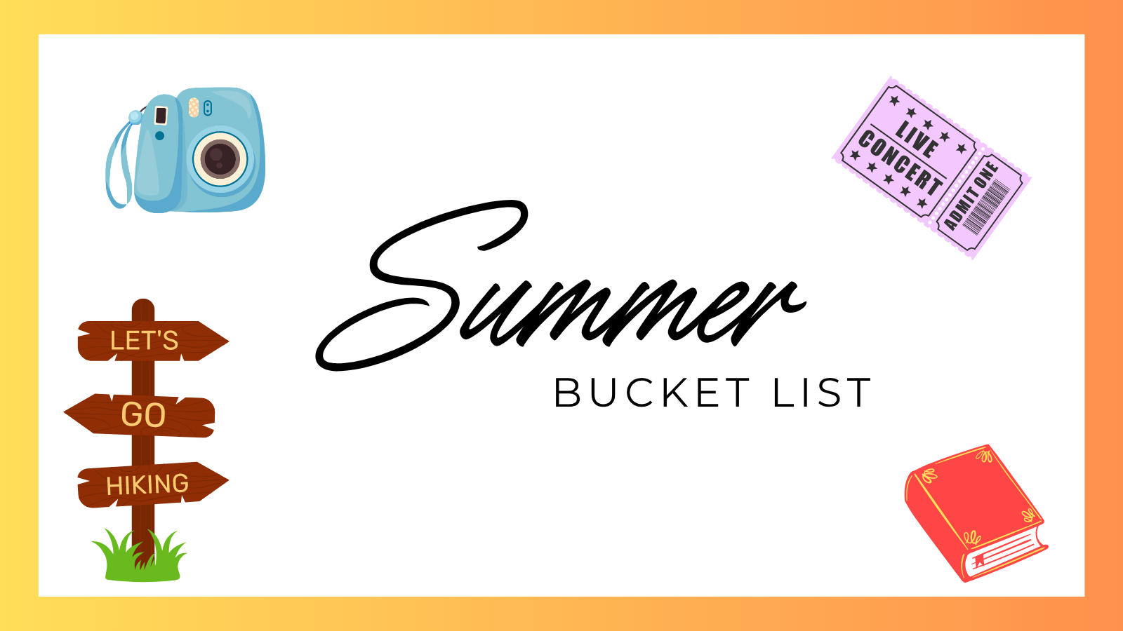 Image of the word Summer with summer fun suggestions in each corner