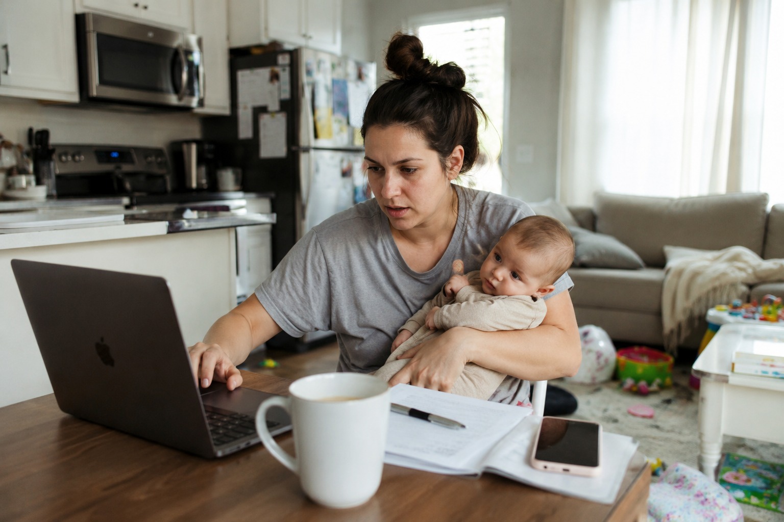 A stay-at-home mom holds her baby while reviewing the family finances on a laptop at the kitchen table