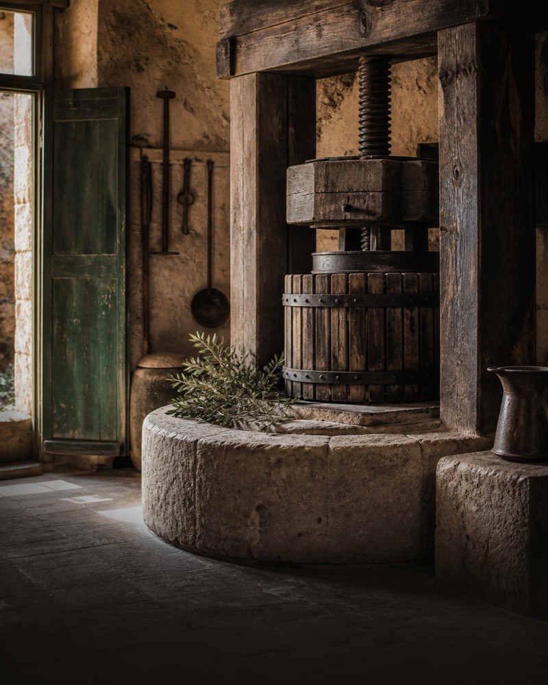 A traditional olive press in a quiet old-world stone workshop