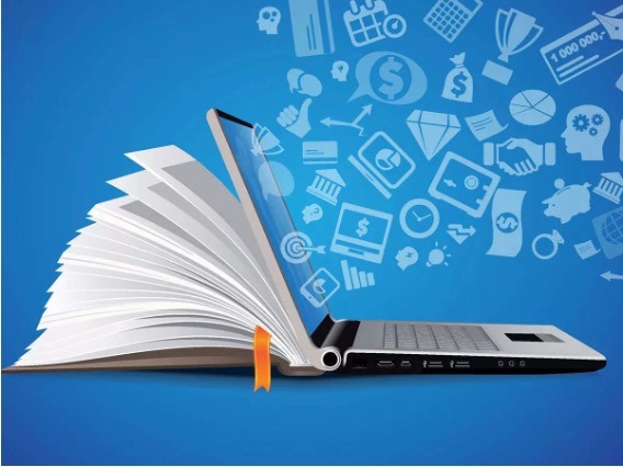 a book and laptop are morphed together with icons emitting from the screen