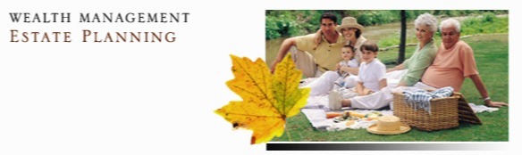 Autumn leaf next to a photo of a family having a picnic. Text to the left reads: Wealth Management Estate Planning
