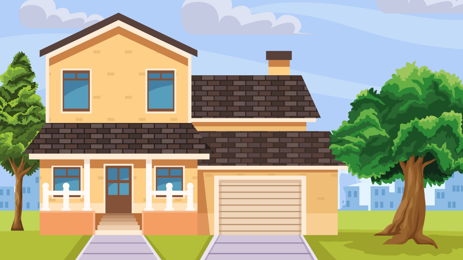 Illustration of a standard 2 story home with a tree on each side