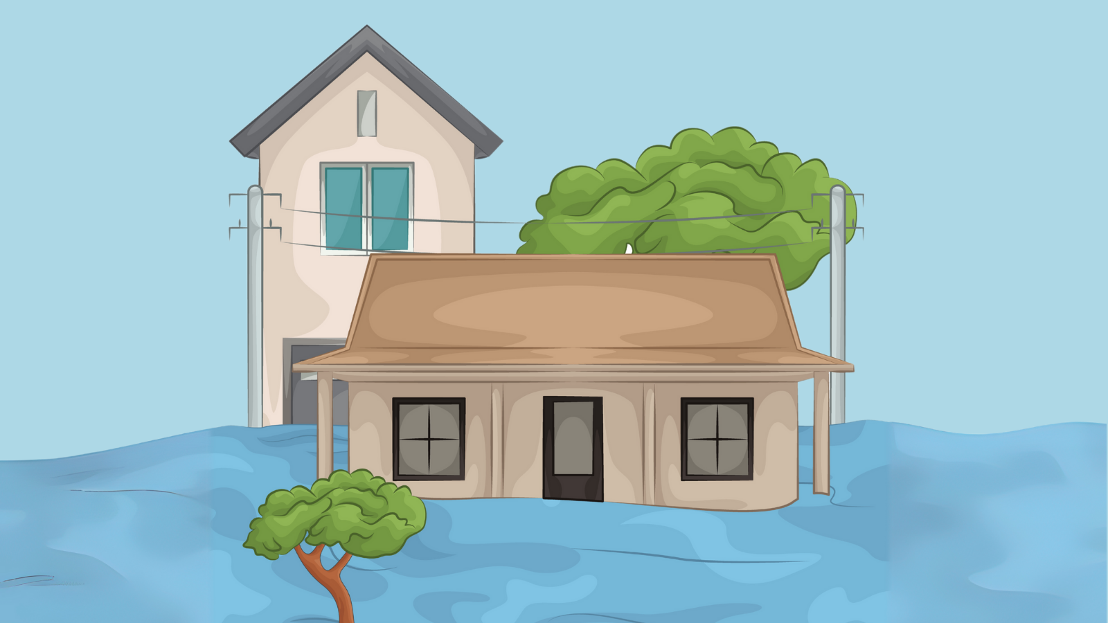 Illustration of two homes surrounded by water. 