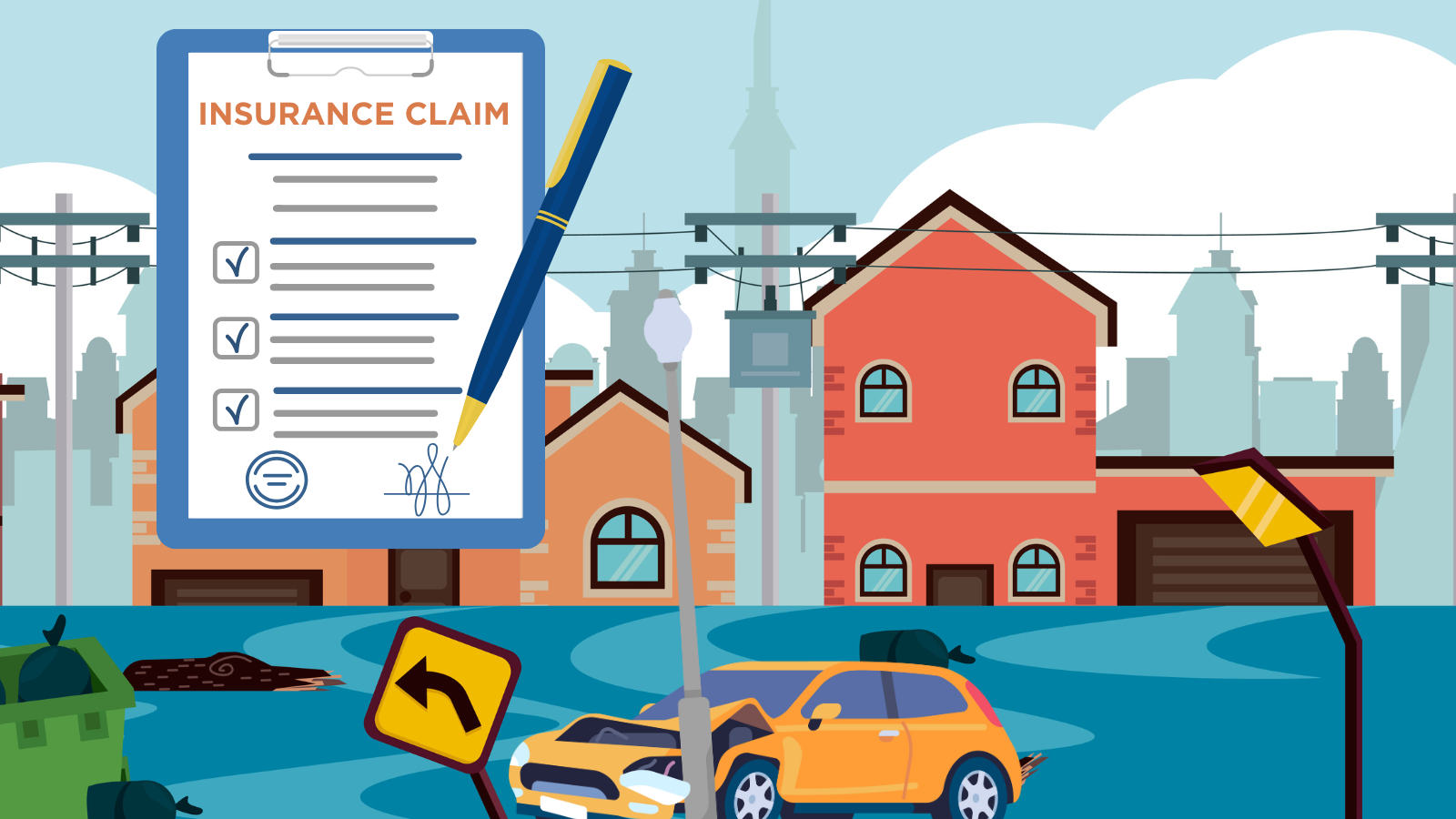 Illustration of a flooded city with picture of an insurance policy