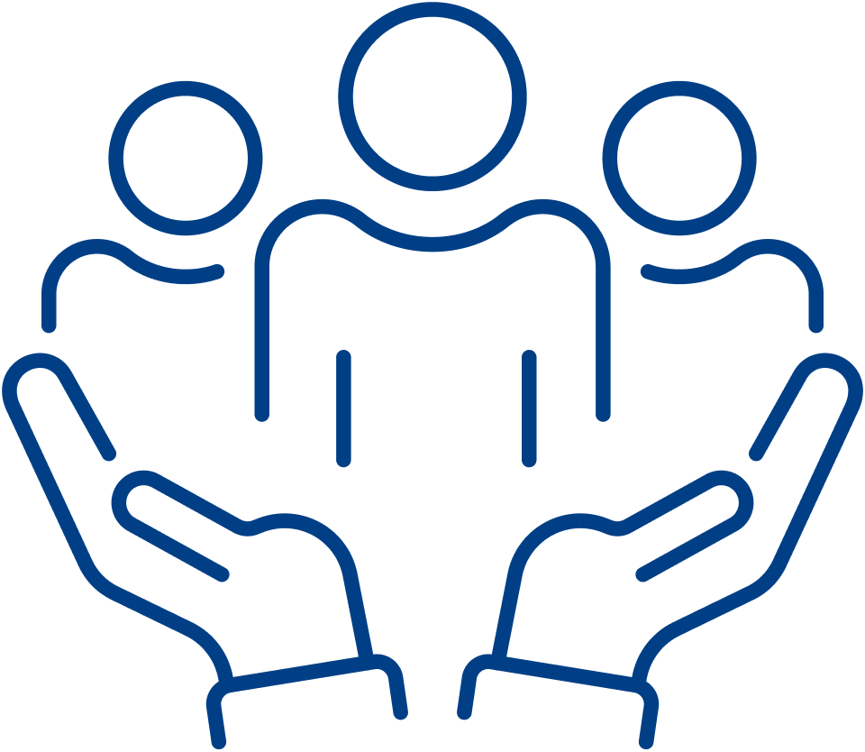 A blue line icon showing individuals holding hands, conveying a message of connection and support