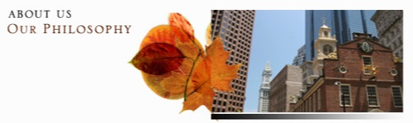 Photo of building in the city next to an autumn leaf. Text to the left reads: About Us Our Philosophy