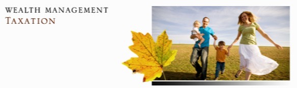 Autumn leaf next to photo of family playing in a field. Text to the left reads: Wealth Management Taxation