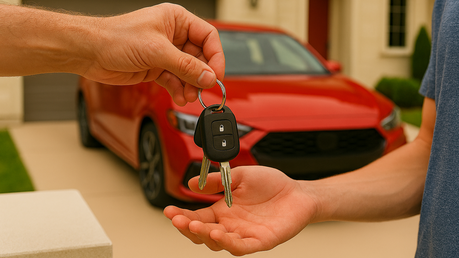 man handing car keys to young adult photo
