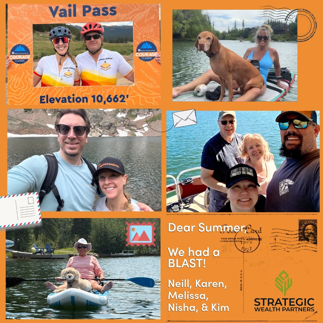 Summer 2026 postcard collage showing the Courage Classic bike ride at Vail Pass, paddleboarding, kayaking and boating