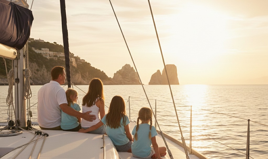 A family enjoying a sunset sail, representing the freedom and security gained through comprehensive financial planning