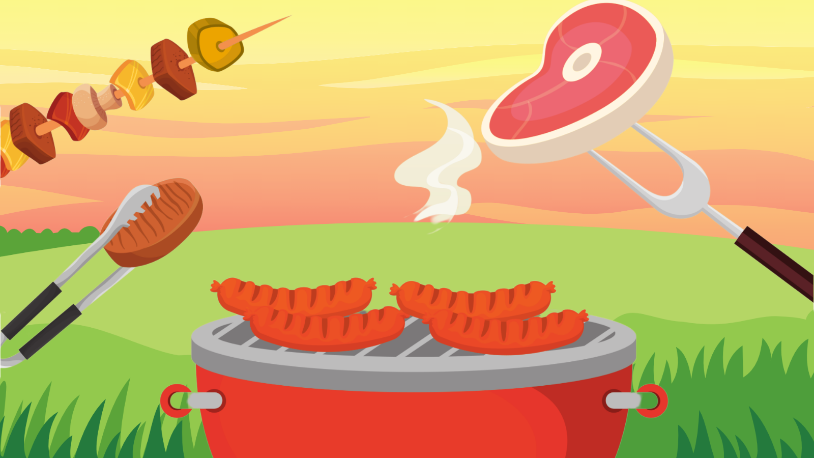 Illustration of a grill with food such as a steak and vegetable shish kabob being placed on it b