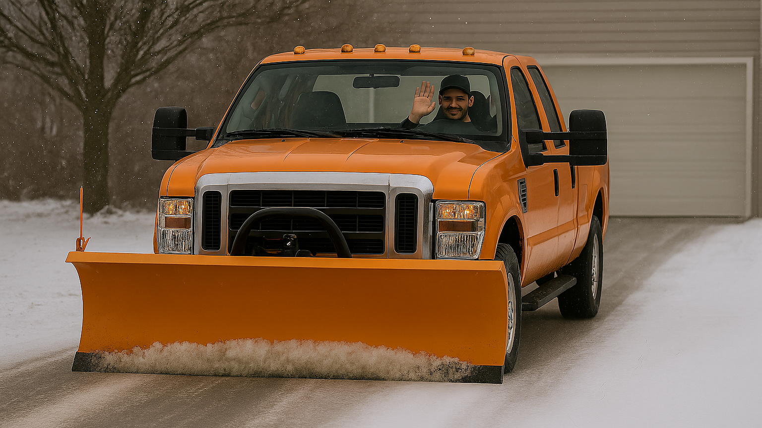 orange truck with a plow in a light snow