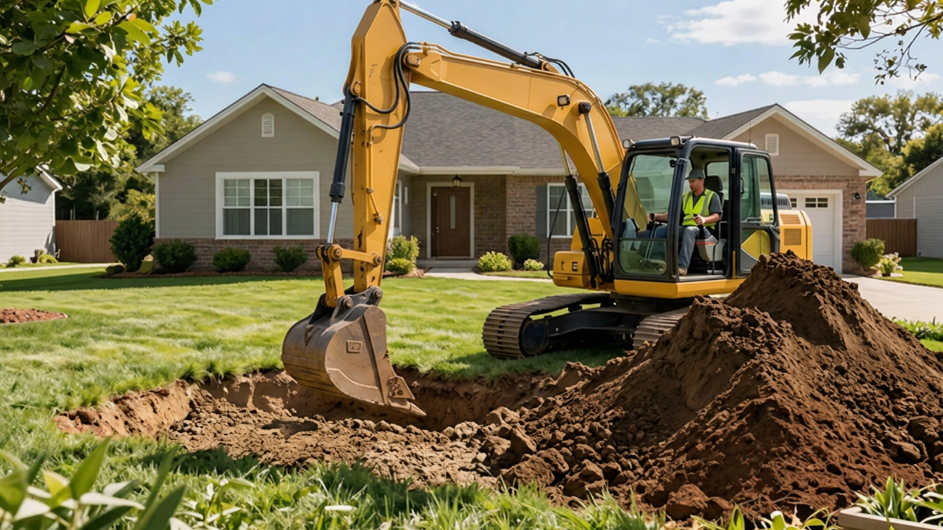 Phone of back-end loader digging up yard of house