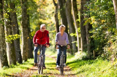 Couple riding bicycles on a forest path