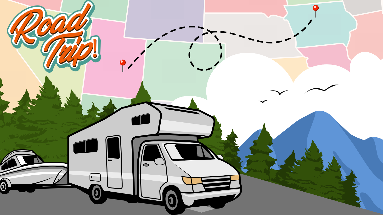Illustration of an RV with a portion of the U.S. Map as the background