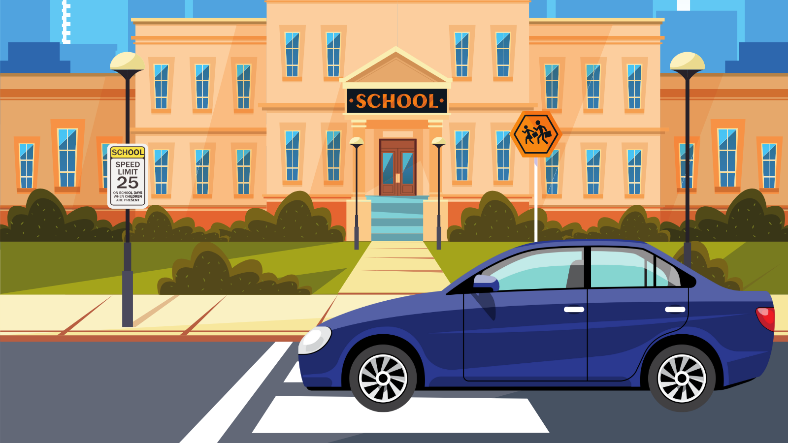 Illustration of a car in a school zone showing the speed limit of 25mph
