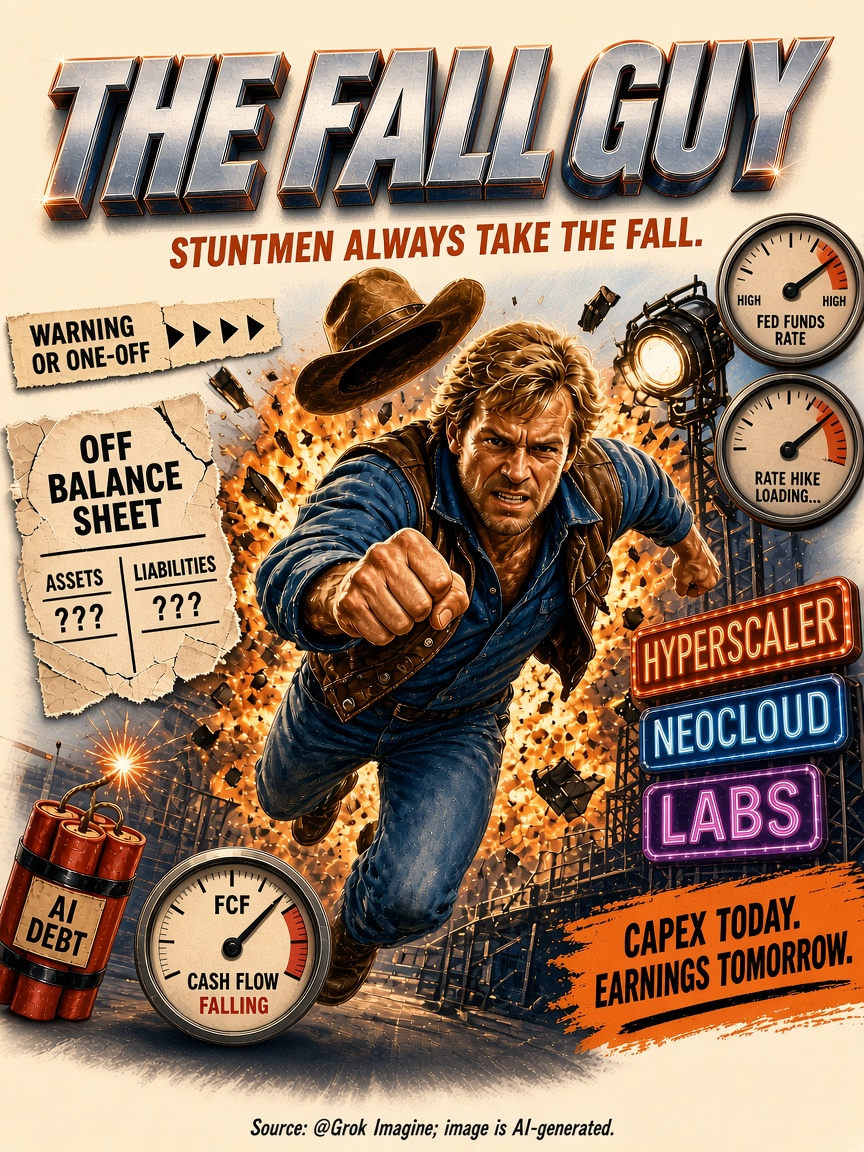 AI-generated The Fall Guy poster: stuntman leaping from AI debt, capex and off-balance-sheet risks