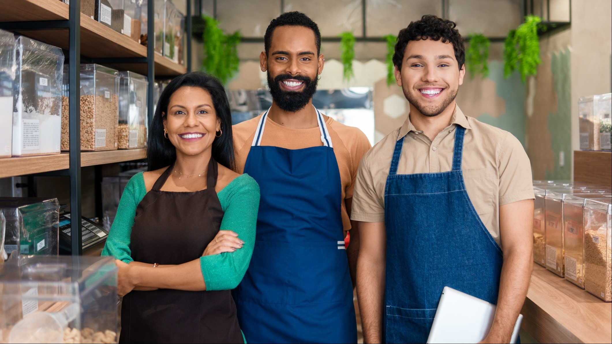 Photo image of 3 peopled in aprons that are presumably business owners